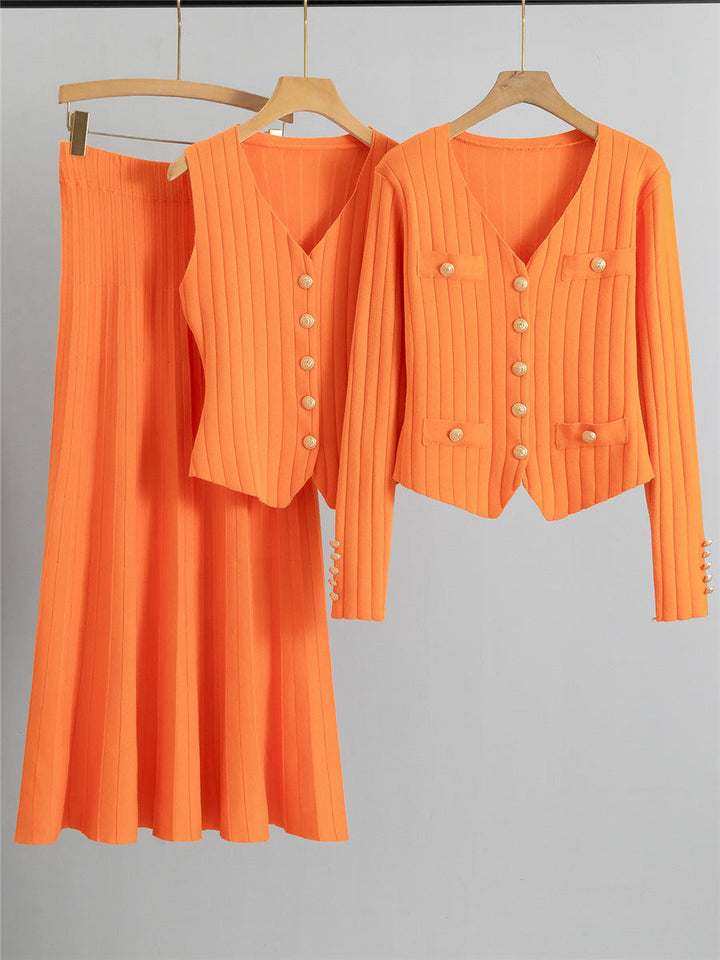 XANDY™ - Elegant V-Neck Buttoned Vest and High Waist Skirt