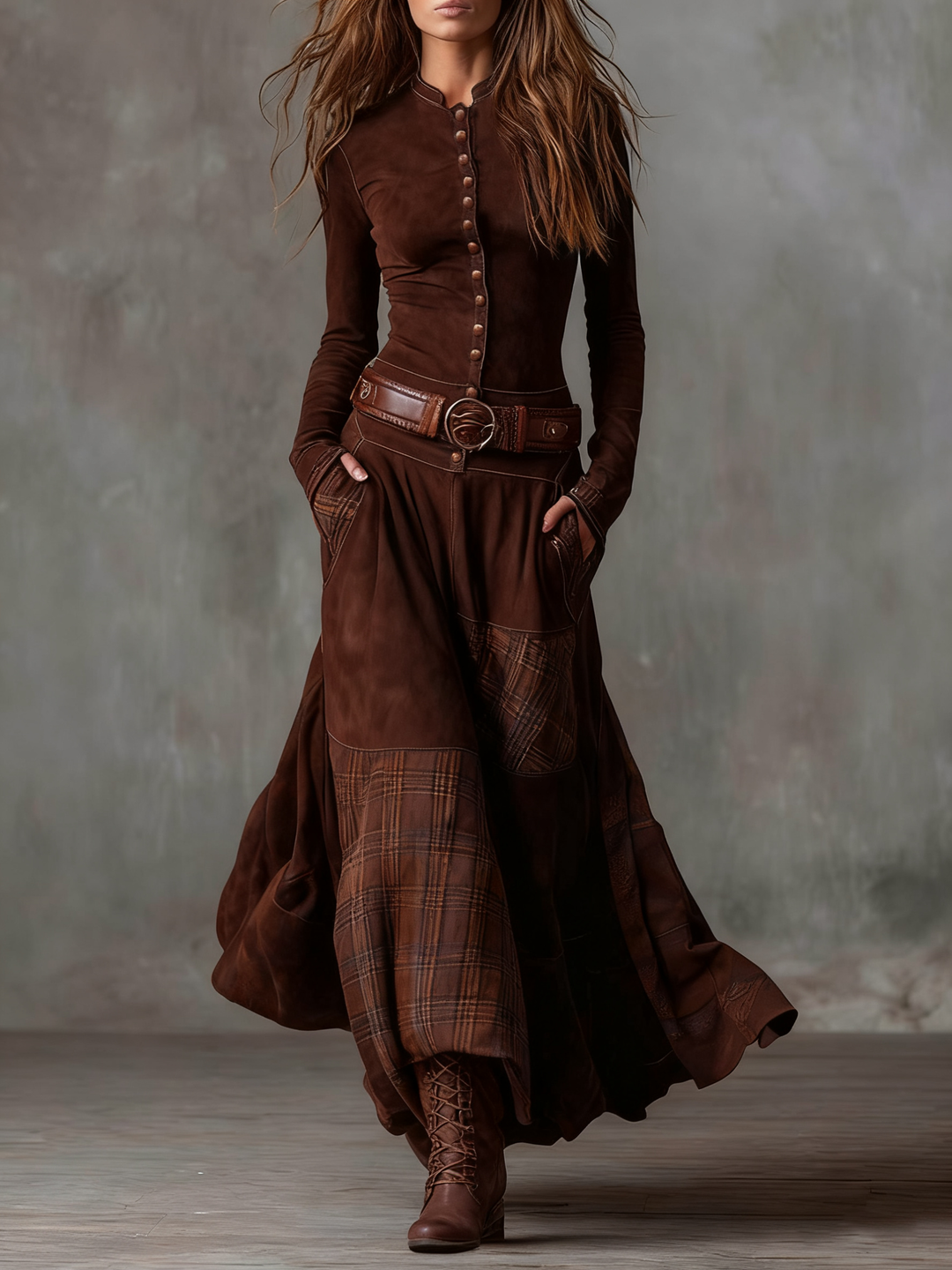 Avery | Plaid Paneled Vintage Suede Maxi Dress (with belt)