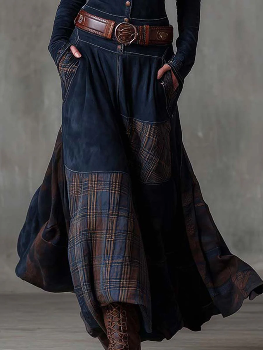 Avery | Plaid Paneled Vintage Suede Maxi Dress (with belt)