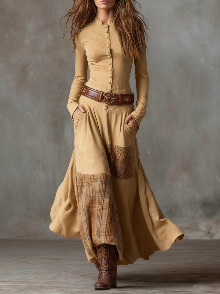 Avery | Plaid Paneled Vintage Suede Maxi Dress (with belt)