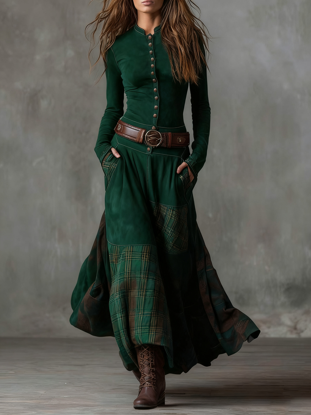 Avery | Plaid Paneled Vintage Suede Maxi Dress (with belt)
