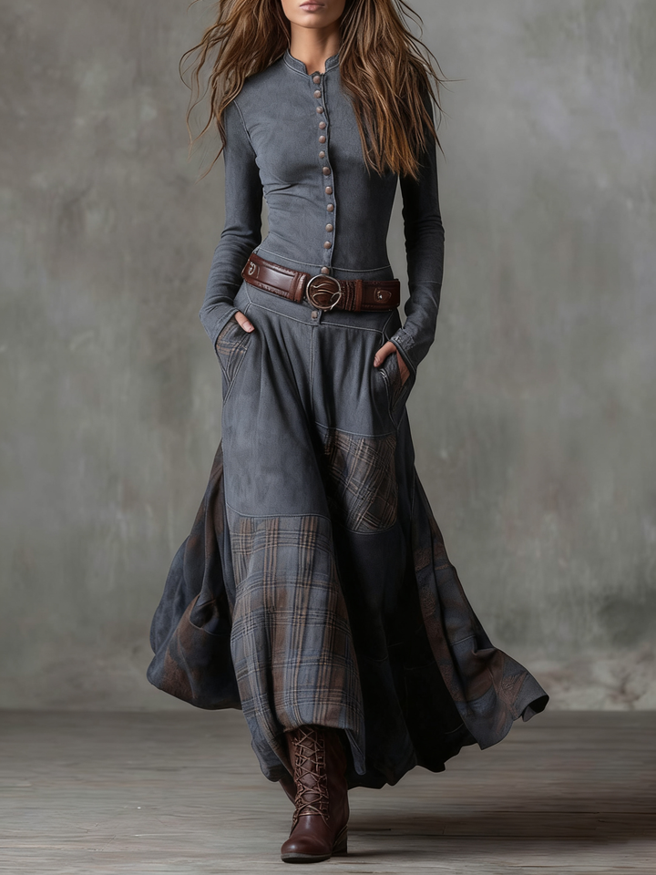 Avery | Plaid Paneled Vintage Suede Maxi Dress (with belt)