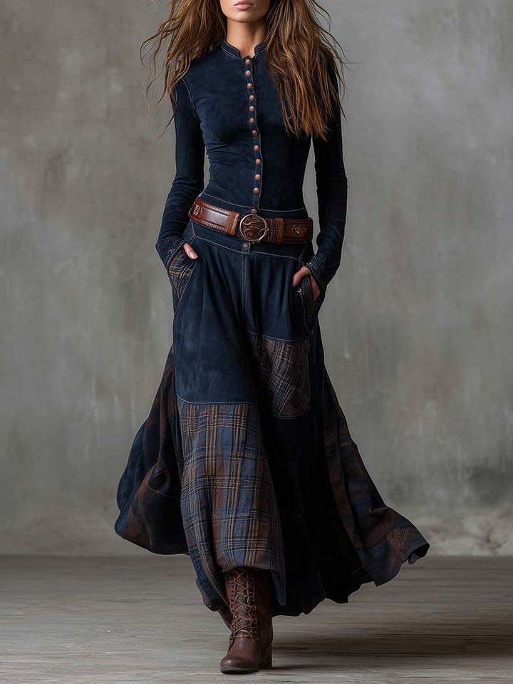 Avery | Plaid Paneled Vintage Suede Maxi Dress (with belt)