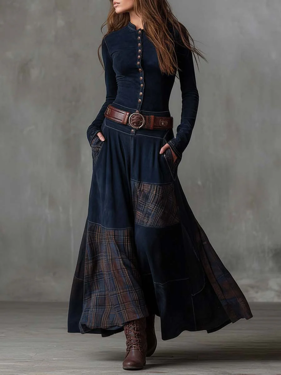 Avery | Plaid Paneled Vintage Suede Maxi Dress (with belt)